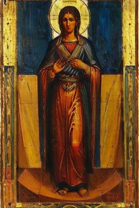 A Greek icon of a Greek saint (Byzantine art style) that looks like it has been painted not made by AI. I want to use it in a deck of cards so make it proportions to suit 