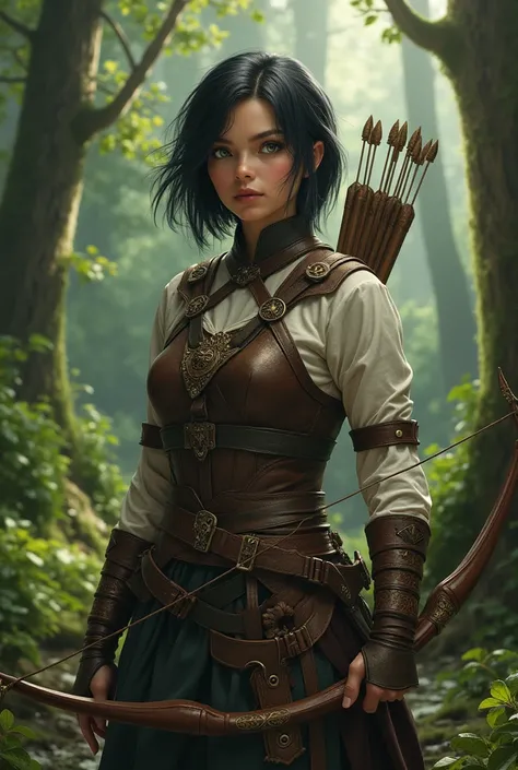 1girl, human, beautiful, short dark hair, green eyes, archer in the forest, leather armor. Light armor. Forest, fantasy forest. Trees, greenery, scenery. Detailed forest. 