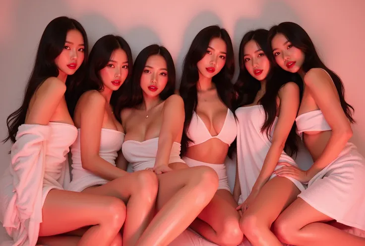 (((One old Korean man and ung Korean women))), {ung korean beautiful girls, A group of young Korean women, likely teenagers to young adults, are pictured. red lips, curvaceous pinup curvy DD cup voluptuous, strikily beautiful, (beautiful_eyes, pretty face,...