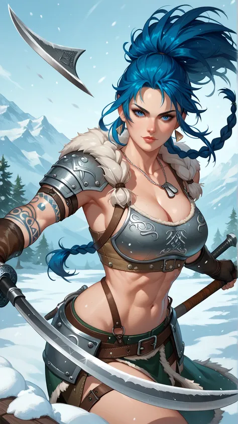 Sexy leona heidern,  blue eyes,  Long hair,  dark blue hair , Braids in the hair,  triangle earrings, dog tags, very sexy Viking armor, Viking Tattoos, wielding a Viking axe,  sexy pose,  on a snowy mountain ,  