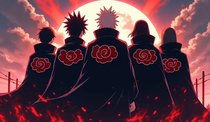 Naruto in anime style, Akatsuki standing with their backs to the viewer, colorful, fun