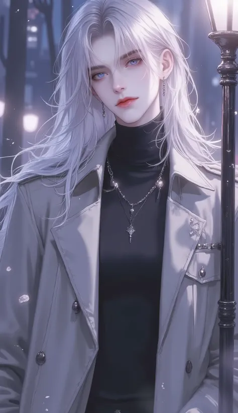 An anime man with silver hair falling slightly over his deep violet eyes, wearing a fitted black turtleneck and a long trench coat. His sharp jawline and enigmatic smirk give off an air of intrigue as he leans against a dimly lit street lamp.