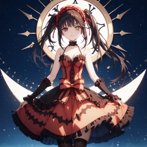 kurumi tokisaki, long hair, twintails, heterochromia, yellow eyes, clock eyes ,symbol-shaped pupils, dress, hairband, black thighhighs, Medium chest, thigh gap, glossy skin, glistening skin, looking at viewer, Tempting body