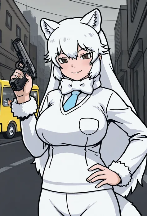 gtaiii, 1girl, arctic fox (kemono friends), japari bus, seductive smile, large breasts, hand on own hip, holding handgun, BREAK cityscape, grey sky, street, new york, alley,