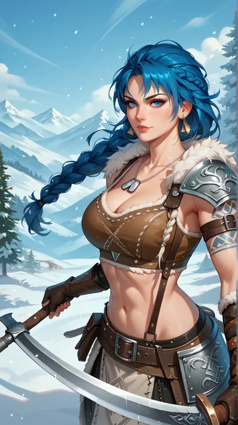 Sexy leona heidern,  blue eyes,  Long hair,  dark blue hair , Braids in the hair,  triangle earrings, dog tags, very sexy Viking armor,  Viking rune tattoos, wielding a Viking axe,  sexy pose,  on a snowy mountain ,  Nestled in the snow, 