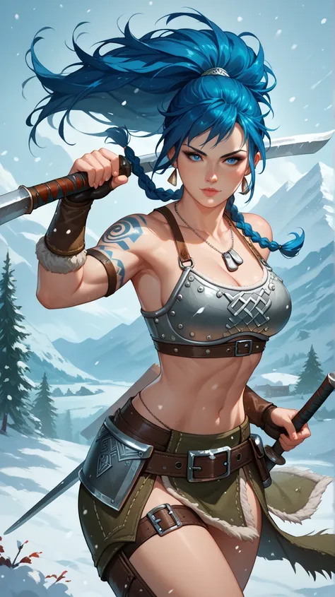 Sexy leona heidern,  blue eyes,  Long hair,  dark blue hair , Braids in the hair,  triangle earrings, dog tags, very sexy Viking armor,  Viking rune tattoos, wielding a Viking axe,  sexy pose,  on a snowy mountain ,  Nestled in the snow, 