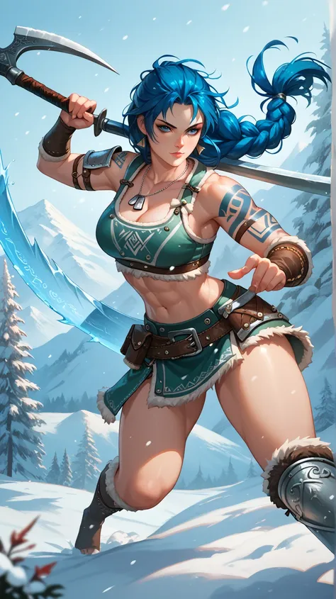 Sexy leona heidern,  blue eyes,  Long hair,  dark blue hair , Braids in the hair,  triangle earrings, dog tags, very sexy Viking armor,  Viking rune tattoos, wielding a Viking axe,  sexy pose,  on a snowy mountain ,  Nestled in the snow, 