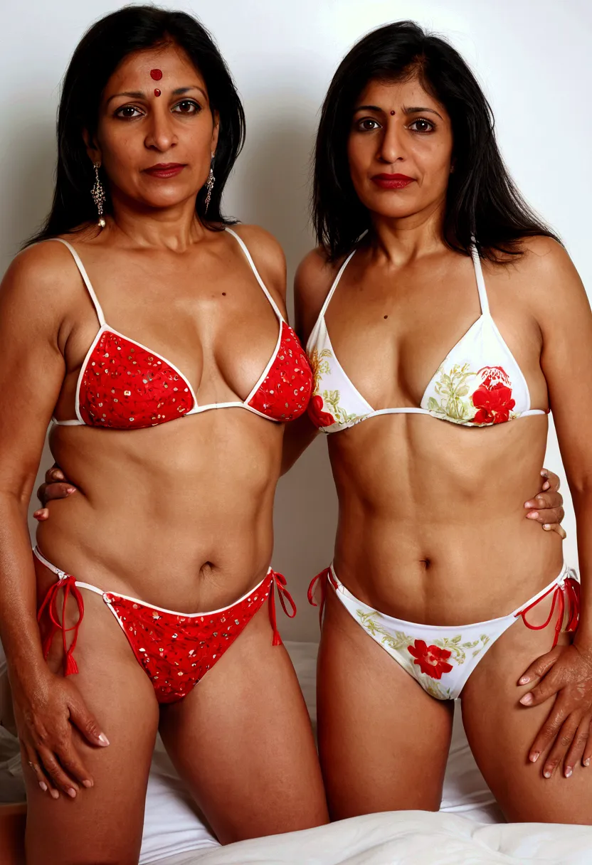 two 51 years old chubby fit milf ladies wearing a   sexy small micro bikini that transparent her fit belly. Indian look. brown eyes. pearcing, two piece bikini. red chubby lips, ultra realastic, in the bed room, wet, wearing tower; with her  indian friend....