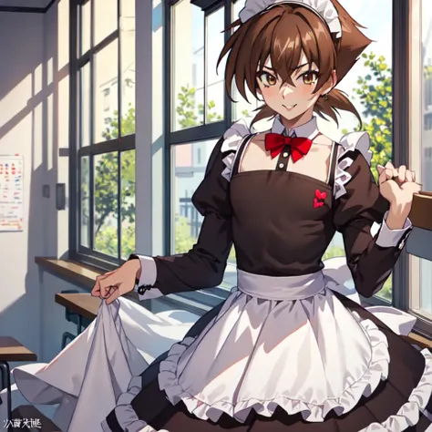 masterpiece, best quality, high quality, 1boy, solo, male focus, looking at viewer, upper body, issei_hyoudou, brown hair, brown eyes, hair between eyes, , smile, red eyeshadow, red lips, shy, maid hair ornament, maid dress, long sleeve maid dress, at clas...