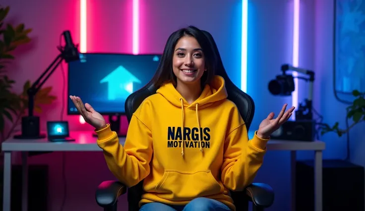 An Indian women sitting confidently on a modern gaming chair in his YouTube studio. He is wearing a bright yellow hoodie with NARGIS MOTIVATION boldly printed on it. His face is clearly visible , The women is gesturing with his hands, as if explaining some...