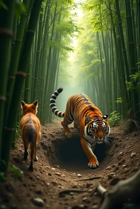 A dense bamboo forest with tall, green bamboo trees forming a natural tunnel. Sunlight filters through the leaves, casting shadows on the forest floor. In the middle of a narrow path, a frightened fox with reddish-brown fur and a bushy tail is sprinting fo...