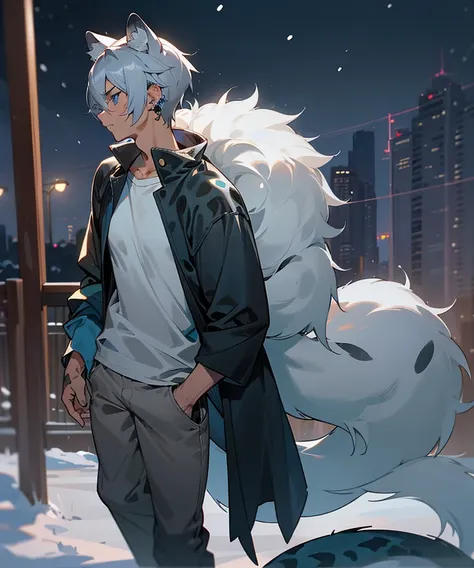 1male, adult, tan skin, finely detailed blue eyes, wild short hair, grey hair color, loose casual clothing, baggy pants, night time, walking on path, city, calm expression, scars, muscular,  snow leopard ears, snow leopard tail, ear piercings in leopard ea...