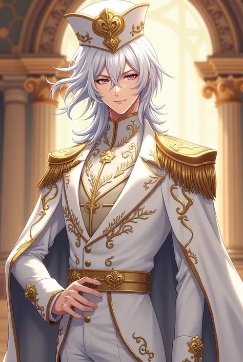 White haired prince with white and gold suit and hat anime