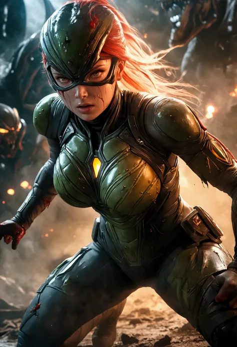 a cinematic action scene, 18-year-old female superhero, fierce battle against aliens, torn ripped, damaged homemade superhero costume, tired sweaty dirty, highly detailed, realistic, cinematic lighting, dramatic poses, high energy, dynamic motion blur, vol...