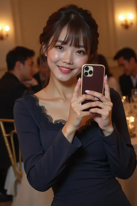 whole body,Take selfies with multiple friends on iPhone,24-year-old Japanese woman enjoying a wedding party,japanese,Korean style beauty,Small face,Transparency, pure white skin, GREY EYES, cute, idol,Idol, portrait , model,French twist hair , short bangs,...