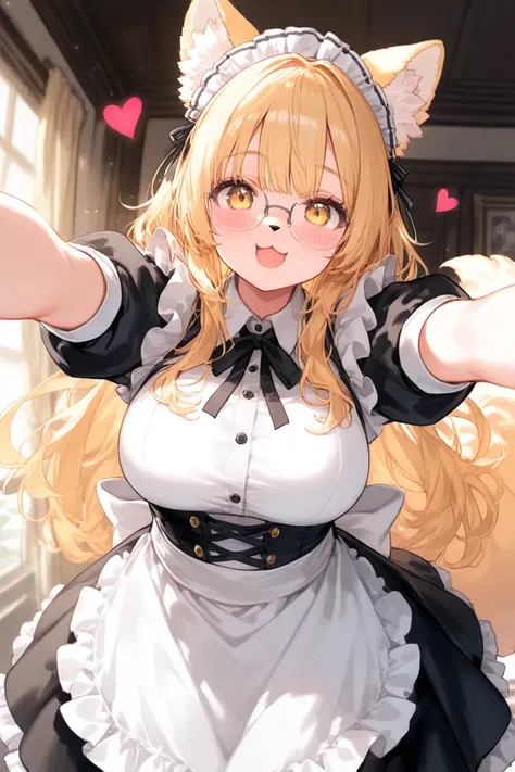  1girl,  animal ears,  blonde,  long hair,  open mouth ,  yellow eyes,  blush, Breasts, :3, maid head dress, glasses, maid,  dress, apron,  short sleeves ,  looks at the viewer,  outstretched arms, One,  tail,  fluffy female,  fluffy,  smile, heart, body f...