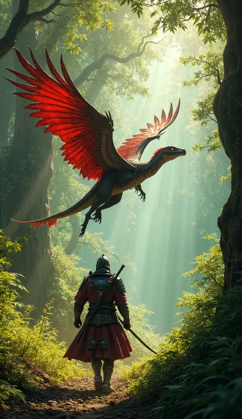 A feathered Utahraptor with dark red wings, gliding through the treetops, as a samurai-styled knight follows it on the ground.