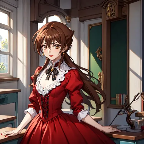 masterpiece, best quality, high quality, 1boy, solo, male focus, looking at viewer, upper body, issei_hyoudou, brown hair, brown eyes, hair between eyes, , smile, red eyeshadow, red lips, shy, maid hair ornament, Victorian Dress, long sleeve Victorian Dres...