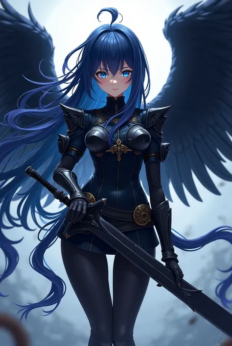 ( top quality,  best angle quality,  official art ,  full body,  and aesthetics :1.2)  Anime Girl, Crow wings on the back,  blue eyes, long blue and black hair , Armadura preta, black shirt,  black pants,  holding sword.
