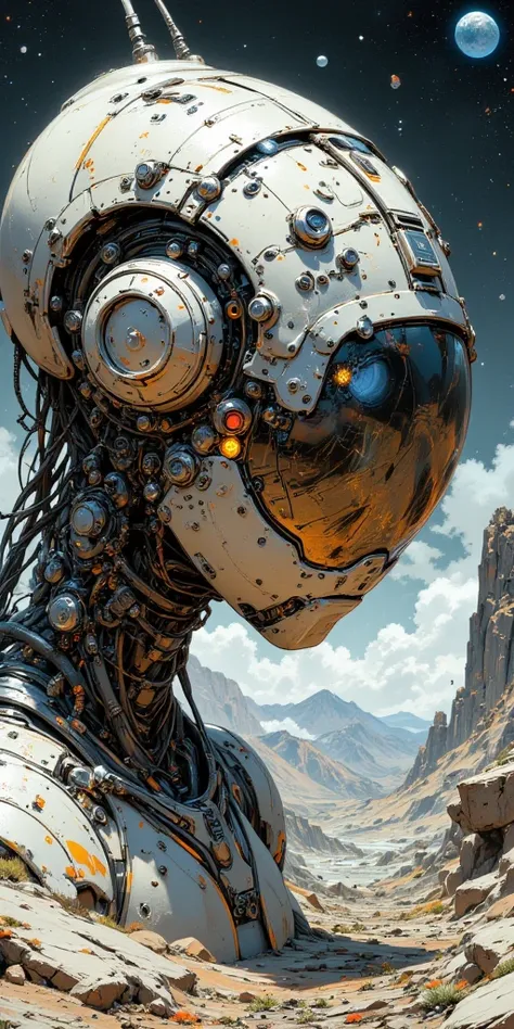 A cyberpunk digital close-up painting depicting an old rusty robot that sadly wanders through an alien landscape. The character's face is partially hidden by a complex cybernetic headdress made of weathered, rusty metal with complex mechanical components, ...