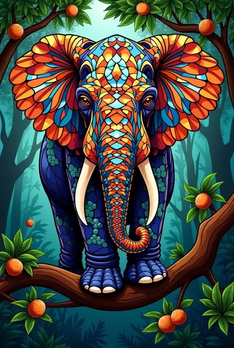  A picture of a colorful elephant drawn on a branch  ,   An elaborate painting inspired by Louis Comfort Tiffany, Popular on Pexels, Abstract art,  Stained Glassアート,  Colorful Glass Art ,  Canvas Art Print,  Stained Glass風, Large colorful image ,  painting...