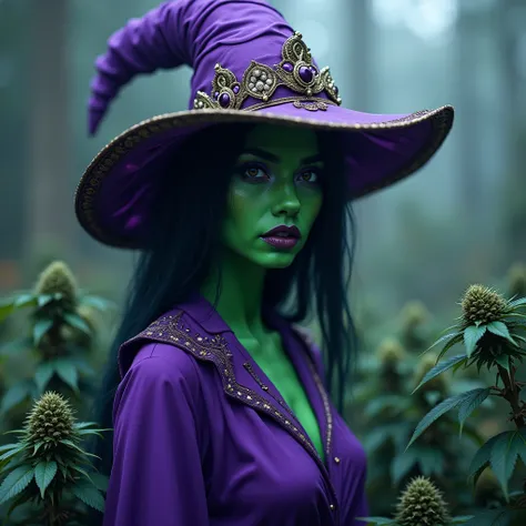 woman green skin, purple ouTfiT, voodo haT, Smoking weed have weed buds
