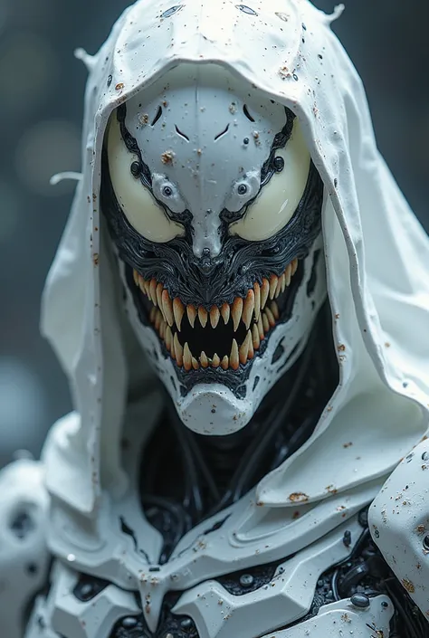 Anti-Venom symbiote dark lord,beautiful but deadly, Pure white Symbiotic Hood, shiny liquid muscular mechanical armor,sentient, amorphous,muscular bulk, symbiotic intricate detail, mysterious, cyber dramatic bright day light, monstrous menacing, lightheart...