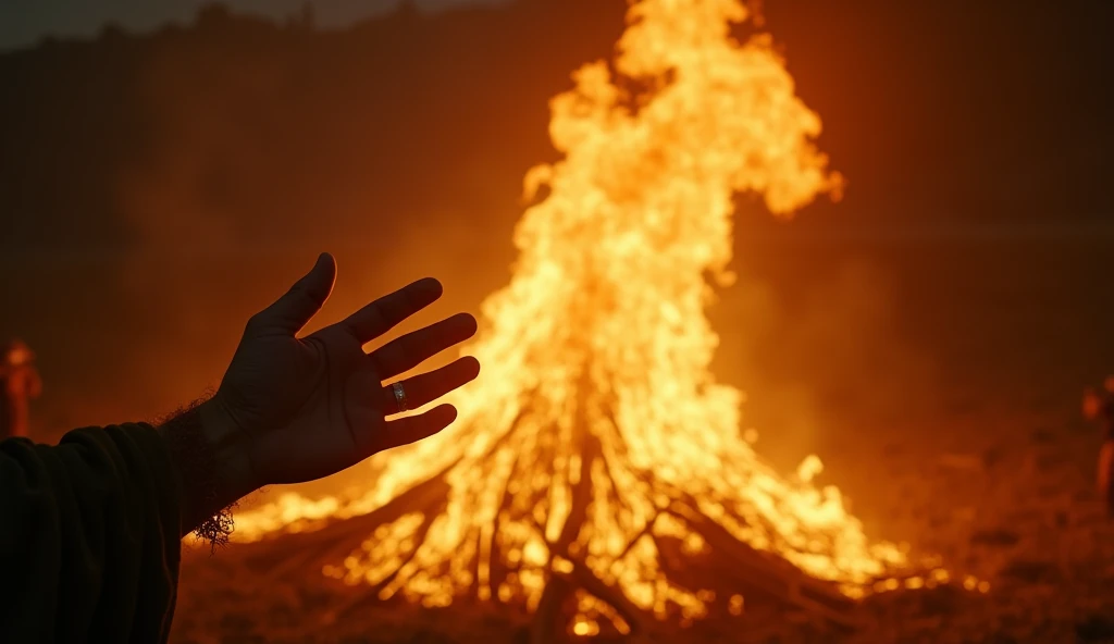 A close-up of the burning bush, flames flickering with golden light, divine glow surrounding it, Moses' hand reaching out in awe, detailed textures, cinematic composition, hyper-realistic, 4K resolution."*  