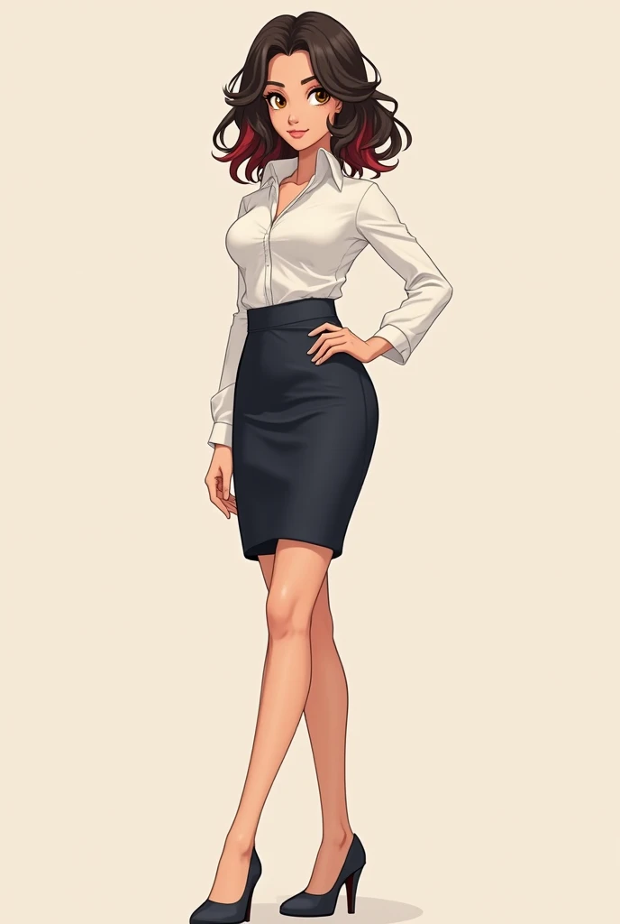 24 year old man,  with a sleek and slender body .  She has light tan skin ,  waist-length hair with wide curls,  dark brown with reddish tips , and coppery brown eyes .  She wears women's secretarial clothing ,  like fitted blouses ,  pencil skirts and hee...