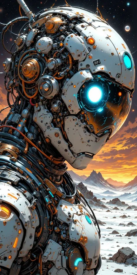 A cyberpunk digital close-up painting depicting an old rusty robot that sadly wanders through an alien landscape. The character's face is partially hidden by a complex cybernetic headdress made of weathered, rusty metal with complex mechanical components, ...