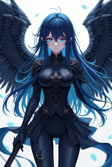 ( top quality,  best angle quality,  official art ,  full body,  and aesthetics :1.2)  Anime Girl, Crow wings on the back,  blue eyes, long blue and black hair , Armadura preta, black shirt,  black pants,  holding sword.
