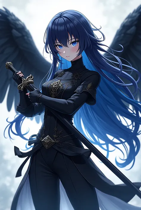 ( top quality,  best angle quality,  official art ,  full body,  and aesthetics :1.2)  Anime Girl, Crow wings on the back,  blue eyes, long blue and black hair , Armadura preta, black shirt,  black pants,  holding sword.
