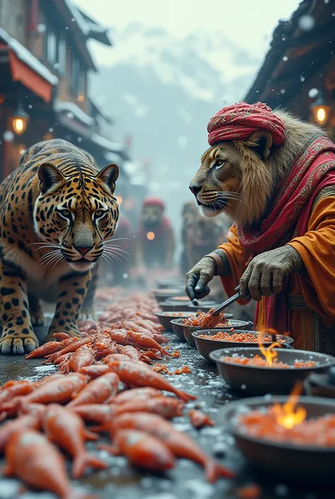 A coral fish market in Kashmir with panthers eating fish and lions cooking in Indian costumes as the snow falls 