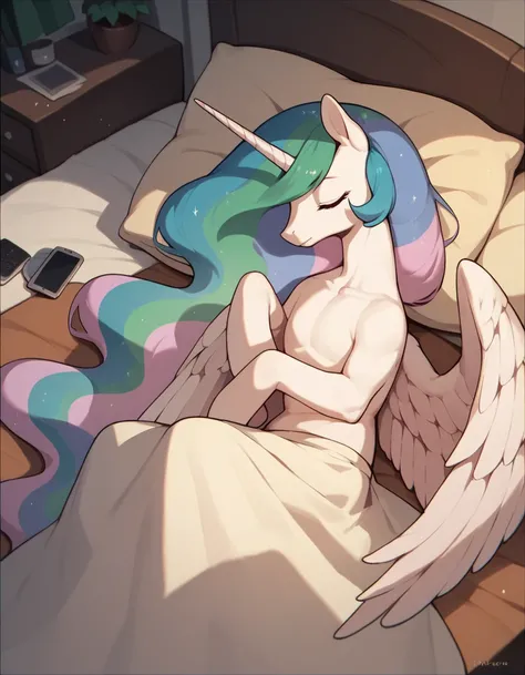 Hors princess Celestia girl, medium wings, in the bed room to sleeping.