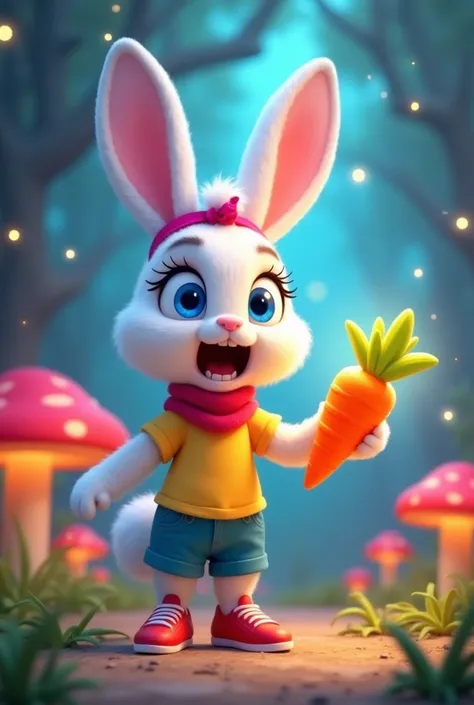 Ruby, a  female rabbit with fluffy white fur and long ears tied with a bright pink ribbon, has big sparkling blue eyes and an expression of shock. She wears a yellow short-sleeved top with a red scarf, blue shorts, and red sneakers. The background features...