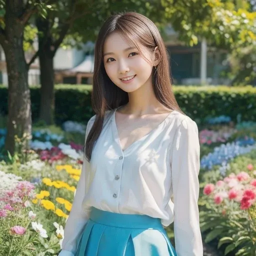 nsfw, A portrait of a woman standing in a flower garden. A woman wearing a white blouse and light blue skirt is posing as a model from head to knees. Colorful flowers spread out in the background, and the soft sunlight gently illuminated her skin. The focu...