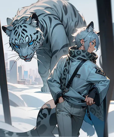 1male, adult, finely detailed blue eyes, wild short hair, grey hair color, loose casual clothing, baggy pants, day time, walking on path, city, calm expression, scars, muscular,  snow leopard ears, snow leopard tail, ear piercings in leopard ear, big fluff...