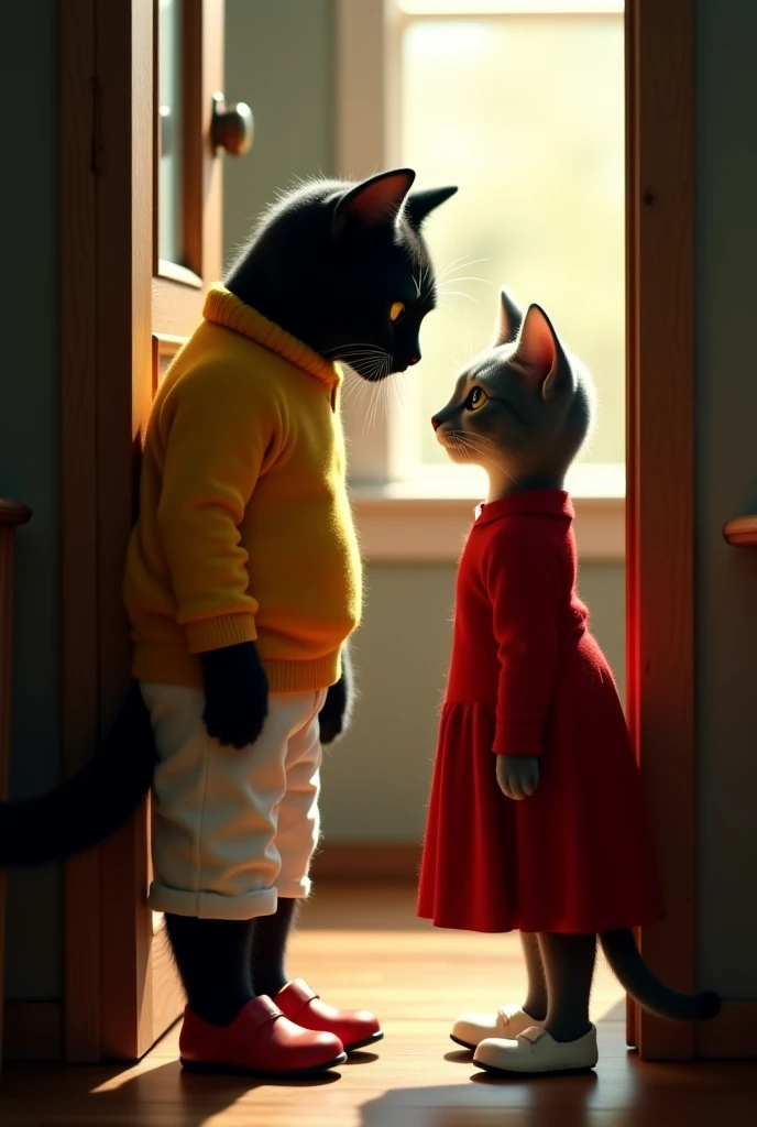 A male black cat with shiny fur wearing a yellow sweater, white pants and red shoes entered the house through the door opened by a female gray cat wearing a red dress and white shoes with a slender body. They stared at each other passionately, in a dimly l...