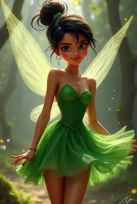 indian girl as tinkerbell, green tinkerbell very short dress, hyper realistic