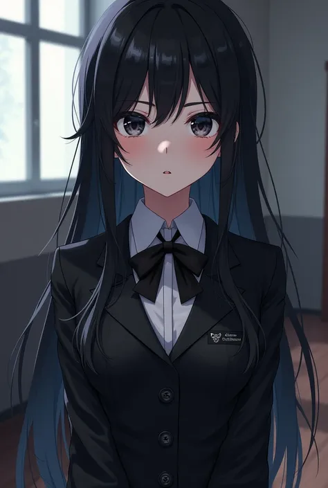 Goth anime girl black hair and eyes kawaii full body perfect anatomy preparatory school uniform 