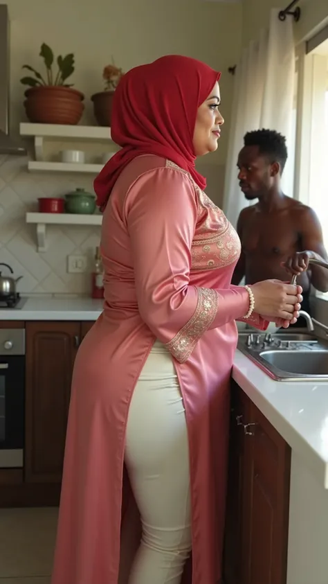 40 year old plus size Afghan white women with huge ass and breast, wearing a gold boarded short hand full length side slit open pink kurti ,and shining reflective glossy cream tight short length capri leggings,red hijab, standing in kitchen washing dishes,...