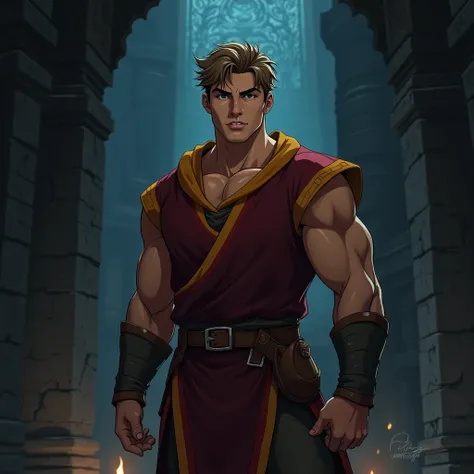 Male warrior. Short brown hair. Dark red tunic with yellow trim. Fit. Legend of Zelda. Steven Universe. Yugioh. Digital art. In a dark dungeon.