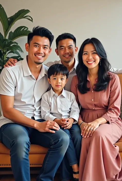 oil painting of an Indonesian family photo with two handsome men, a beautiful woman with shoulder-length black hair, a beautiful woman wearing a Muslim dress and hijab and a  boy, wearing formal clothes, sitting on a living room sofa, smiling at the camera...