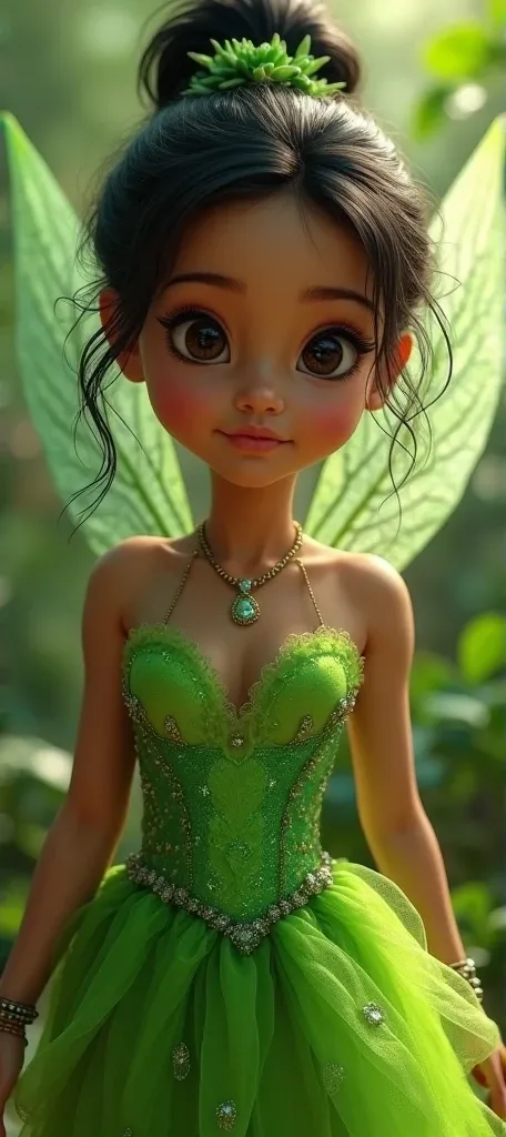 real like Indian girl as tinkerbell, green tinkerbell very short dress, hyper realistic