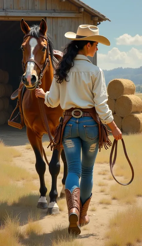 Inspired by Sir Lawrence Alma Tadema's oil painting style, Cowgirl with horse on farm oil painting, pastoral art: An attractive young woman (cowgirl lady) is leading a horse by the reins towards the stable. She wore worn jeans, a belt with a silver buckle,...