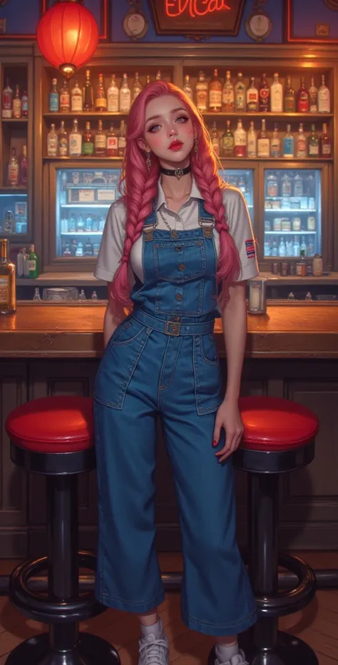  high definition ,  better quality ,  High detail,  high quality , full length ,full frame, Full-length girl , pink hair , Low Double Braids, Breasts, earrings,  blue eyes , makeup, scarlet lips,  denim jumpsuit , white sneakers ,Posing in front of the bar...