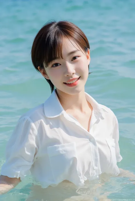 8k,RAW photo, ultra high res, realistic photo, Under bright sunlight, featuring a skinny young Japanese singer not wearing makeup and very small breast, with pixie brown hair, sun tanned skin, leaning backward in the blue sea, wearing a low-cut white airy ...