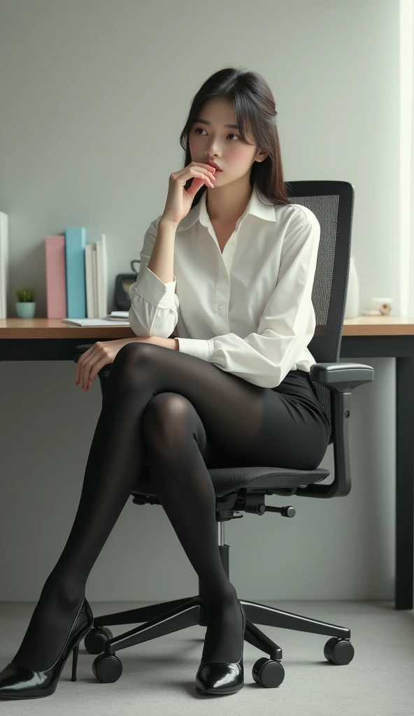 Korean office woman sitting on a chair. I'm wearing black tights and black shoes.