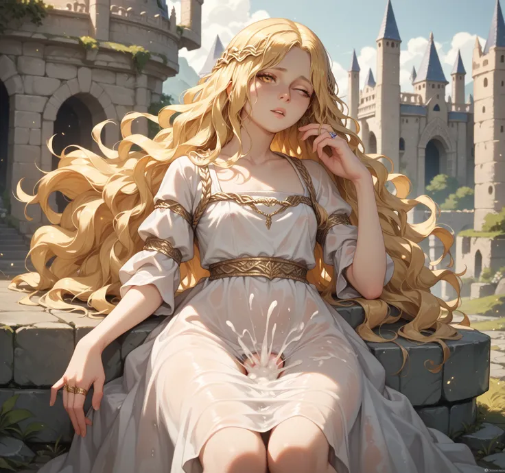  in the seat, Miquella The Kind, elden_RING,  long golden hair ,  round golden eyes ,   wearing a transparent white dress , Stone brick castle,  front view, small breasts, with a loving look,creampie,