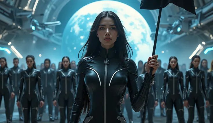 A futuristic sci-fi scene featuring a powerful and elegant female leader with long, dark hair, wearing a sleek black leather uniform with a high collar and an emblem on her chest. She stands confidently at the forefront, holding a black flag with a white f...